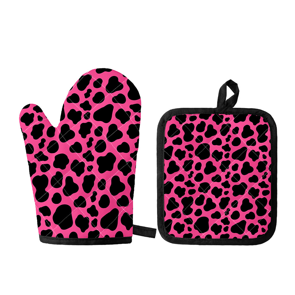 Black And Hot Pink Cow Print Oven Mitt And Pot Holder Set