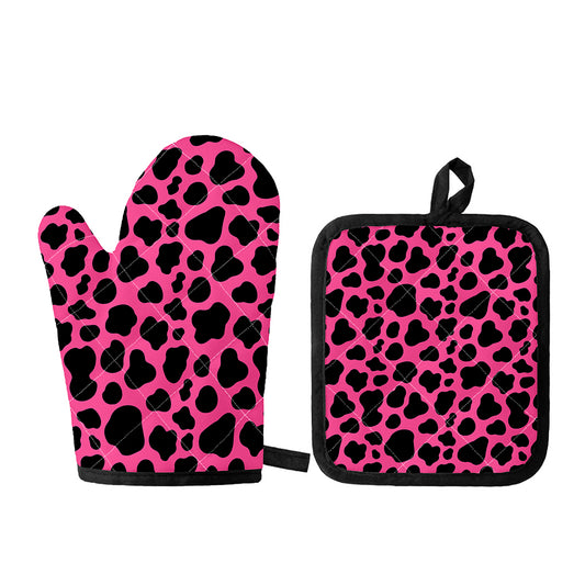 Black And Hot Pink Cow Print Oven Mitt And Pot Holder Set