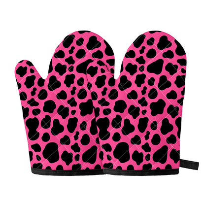 Black And Hot Pink Cow Print Oven Mitts