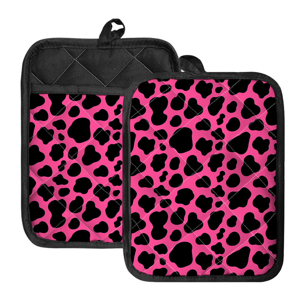 Black And Hot Pink Cow Print Pot Holders With Pocket