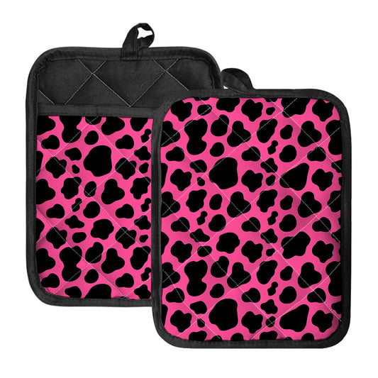 Black And Hot Pink Cow Print Pot Holders With Pocket