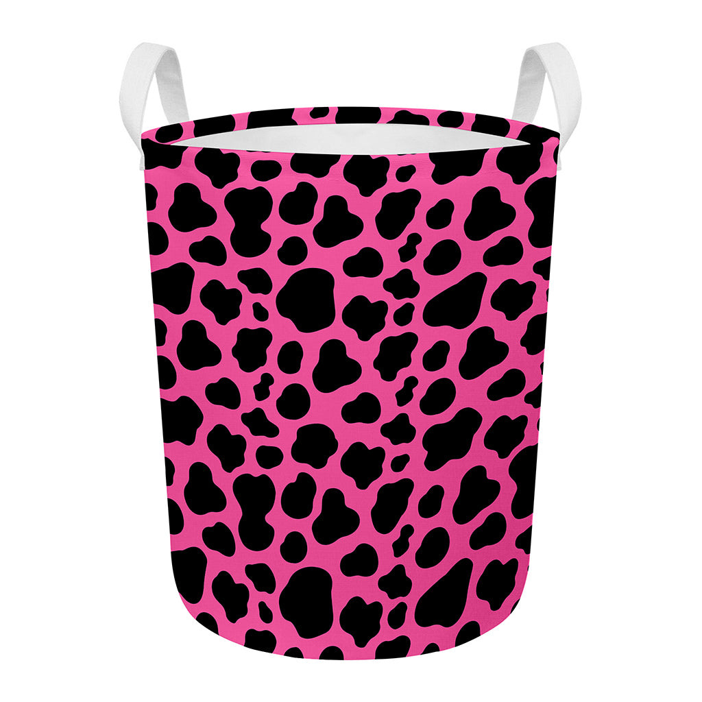 Black And Hot Pink Cow Print Round Laundry Basket