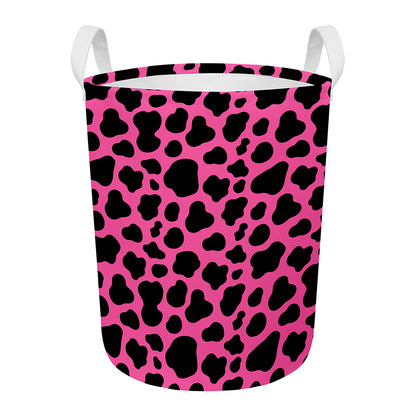 Black And Hot Pink Cow Print Round Laundry Basket
