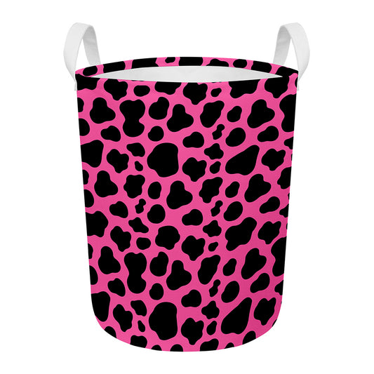 Black And Hot Pink Cow Print Round Laundry Basket