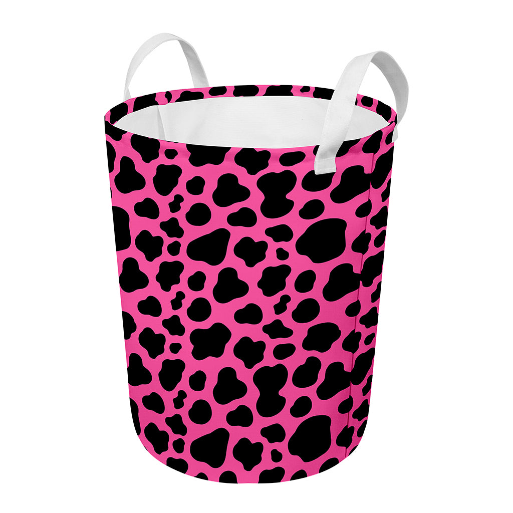 Black And Hot Pink Cow Print Round Laundry Basket