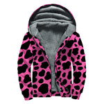 Black And Hot Pink Cow Print Sherpa Lined Zip Up Hoodie