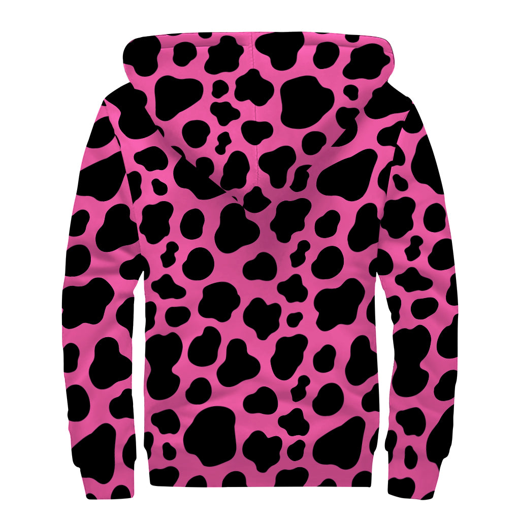 Black And Hot Pink Cow Print Sherpa Lined Zip Up Hoodie