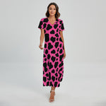 Black And Hot Pink Cow Print Short Sleeve Maxi Dress