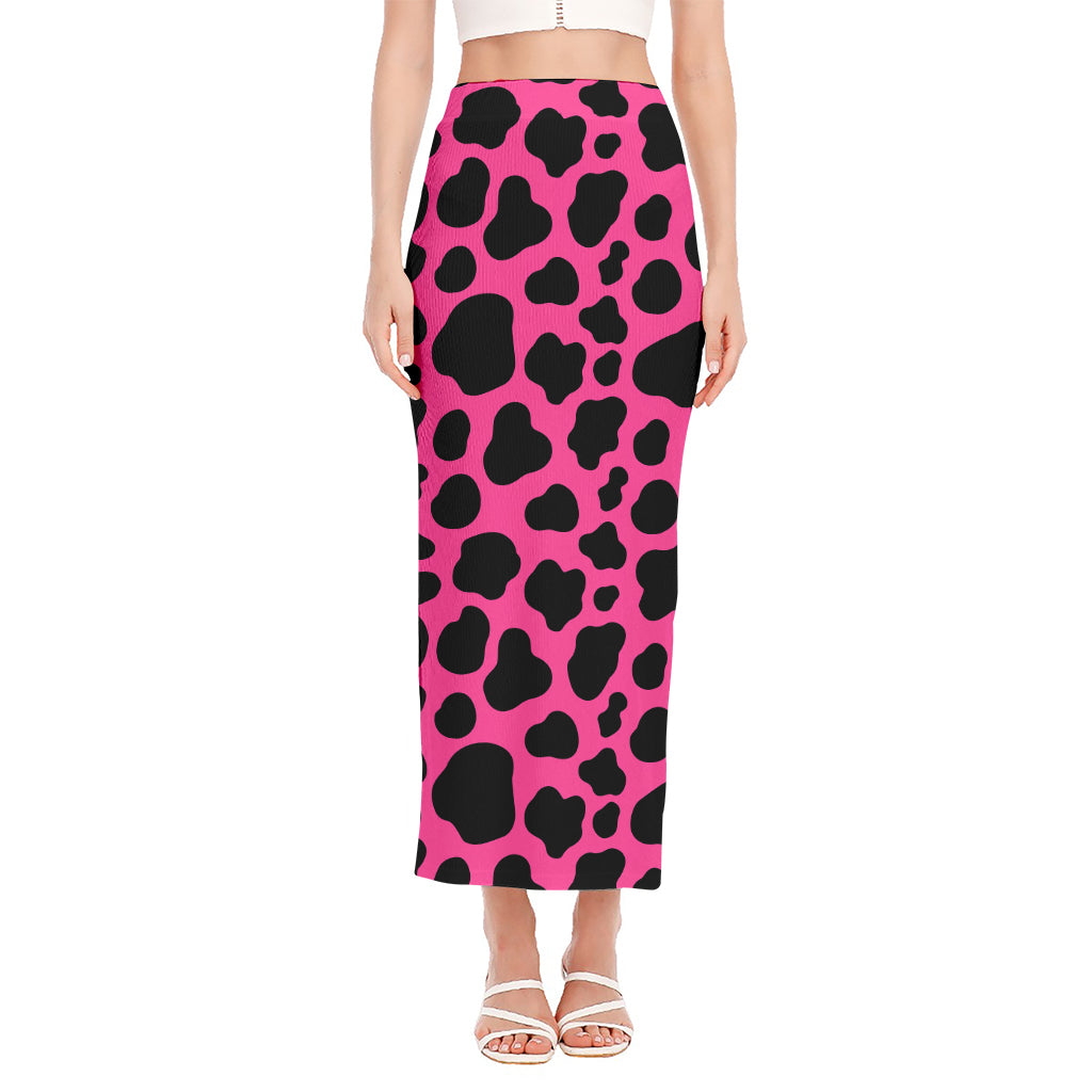 Black And Hot Pink Cow Print Side Slit Maxi Skirt
