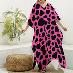 Black And Hot Pink Cow Print Silk V-Neck Kaftan Dress