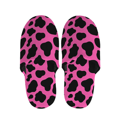 Black And Hot Pink Cow Print Slippers