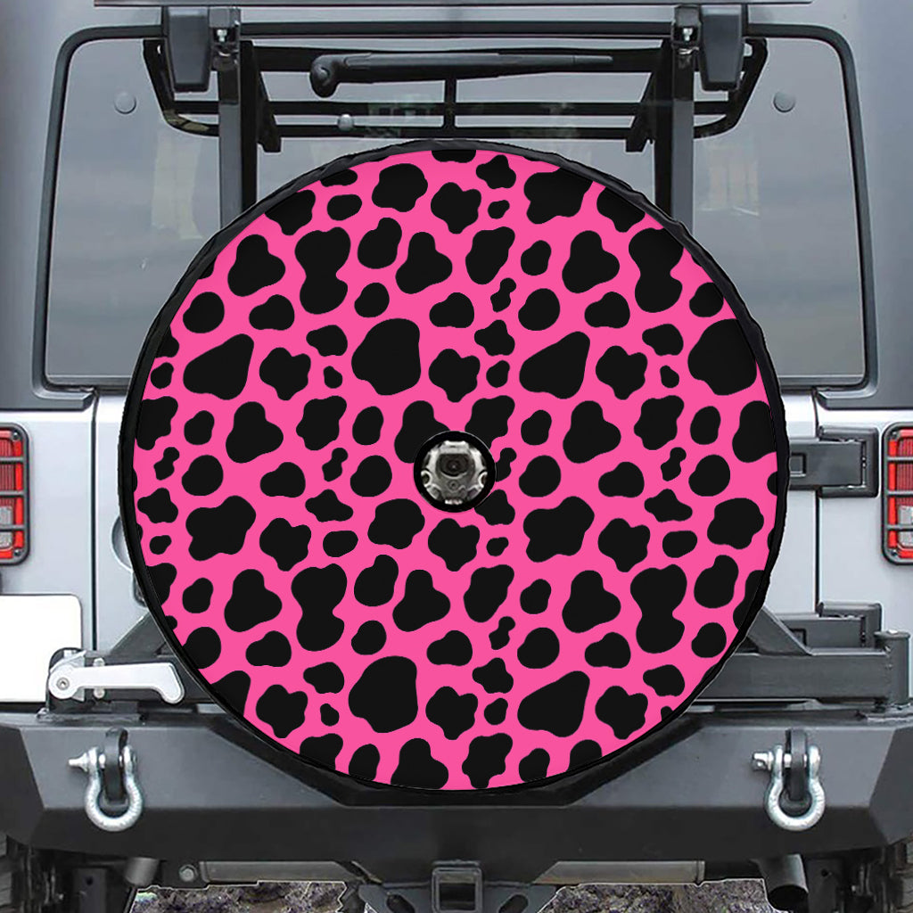 Black And Hot Pink Cow Print Tire Cover With Camera Hole