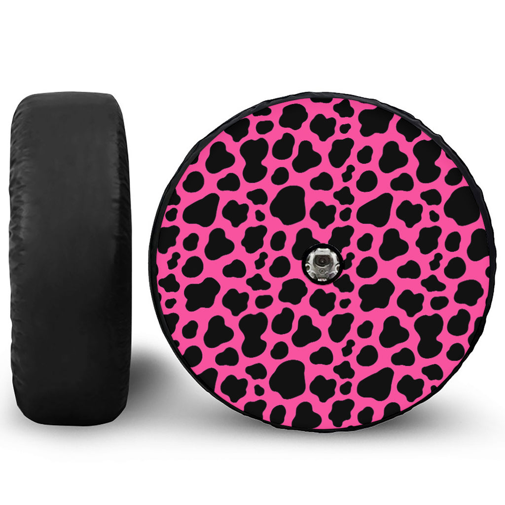 Black And Hot Pink Cow Print Tire Cover With Camera Hole
