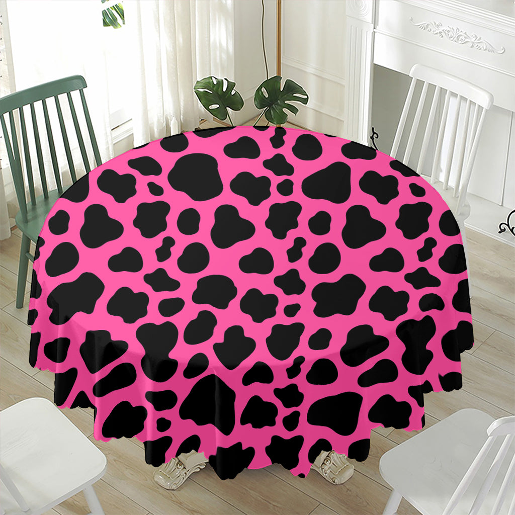 Black And Hot Pink Cow Print Waterproof Round Tablecloth