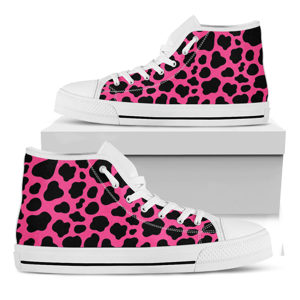 Black And Hot Pink Cow Print White High Top Sneakers