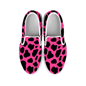 Black And Hot Pink Cow Print White Slip On Sneakers