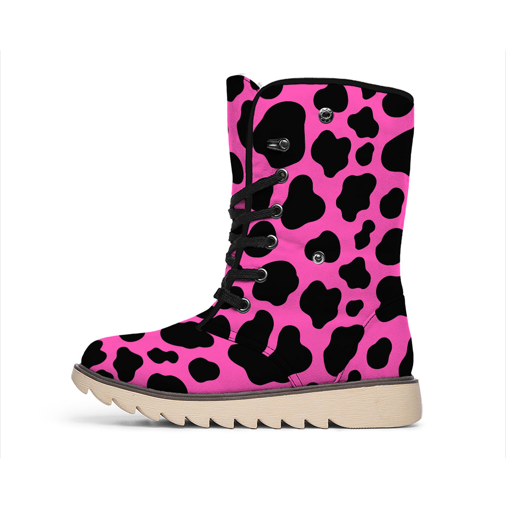 Black And Hot Pink Cow Print Winter Boots