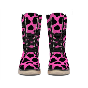 Black And Hot Pink Cow Print Winter Boots