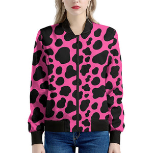 Black And Hot Pink Cow Print Women's Bomber Jacket