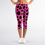 Black And Hot Pink Cow Print Women's Capri Leggings