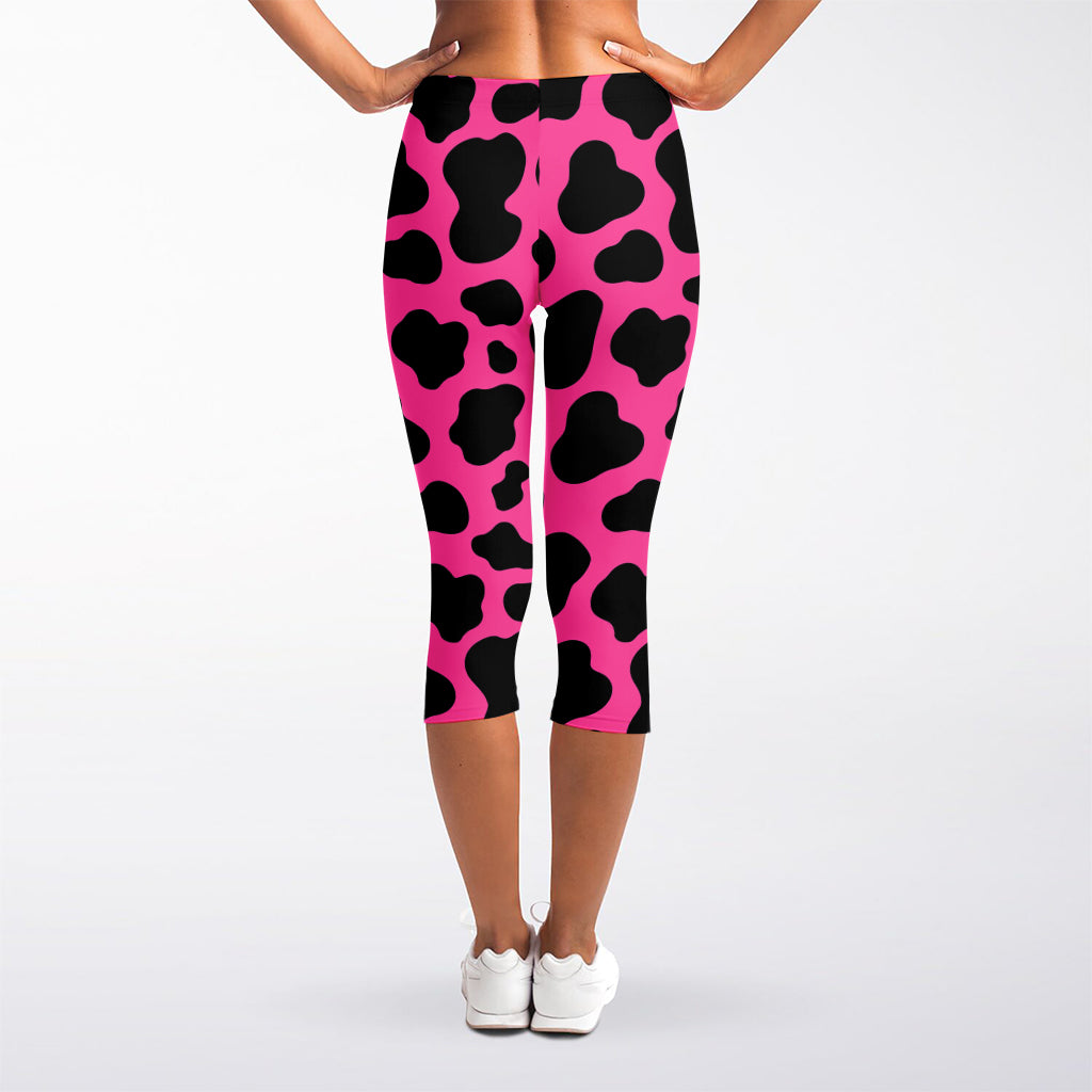 Black And Hot Pink Cow Print Women's Capri Leggings