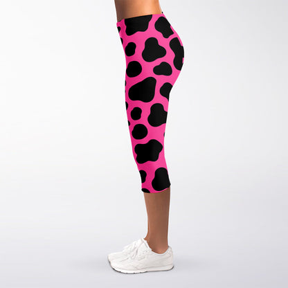 Black And Hot Pink Cow Print Women's Capri Leggings