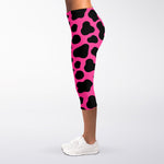 Black And Hot Pink Cow Print Women's Capri Leggings