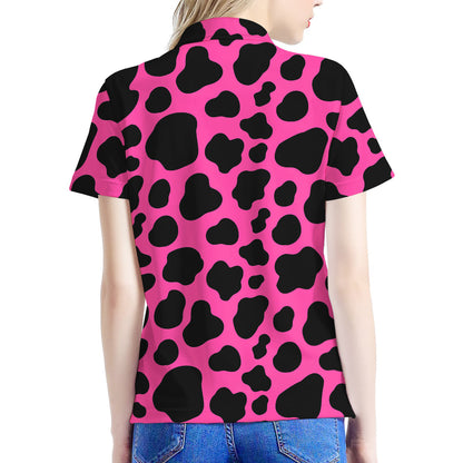 Black And Hot Pink Cow Print Women's Polo Shirt
