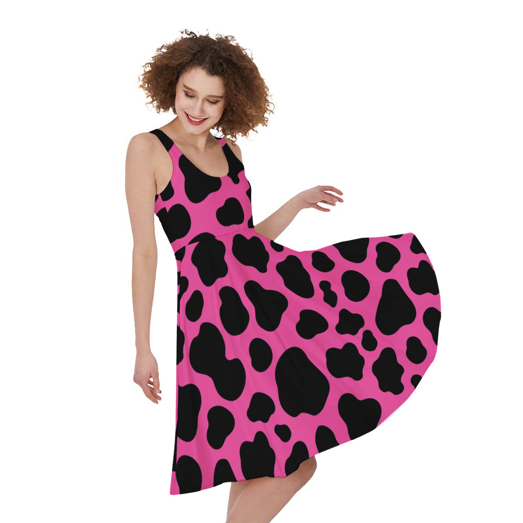 Black And Hot Pink Cow Print Women's Sleeveless Dress