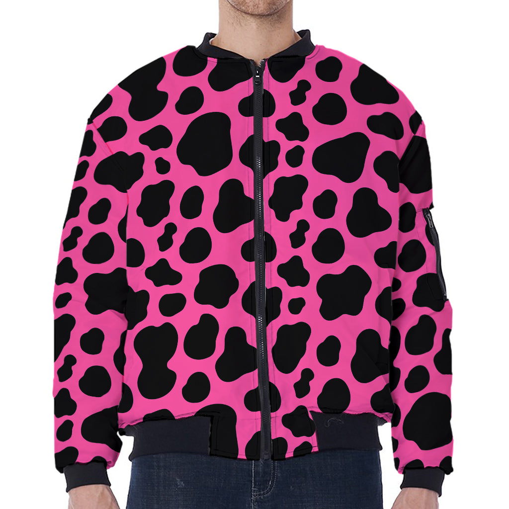 Black And Hot Pink Cow Print Zip Sleeve Bomber Jacket