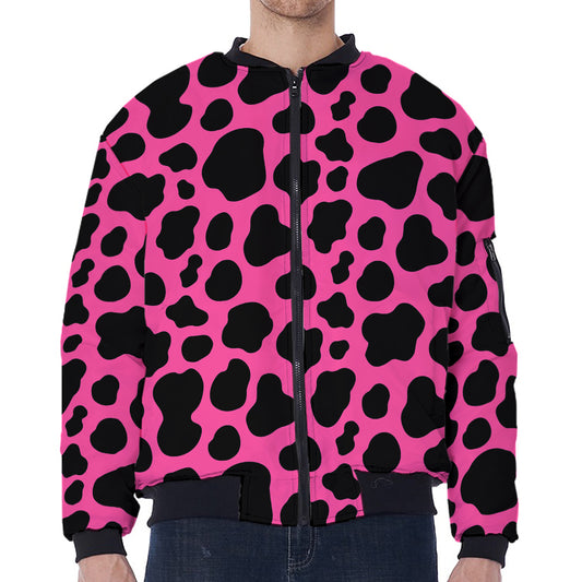 Black And Hot Pink Cow Print Zip Sleeve Bomber Jacket
