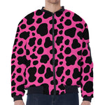 Black And Hot Pink Cow Print Zip Sleeve Bomber Jacket