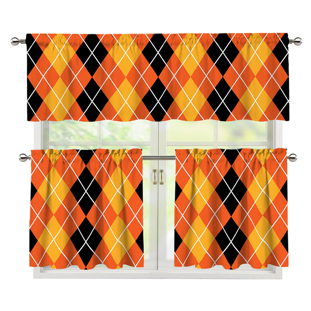 Black And Orange Argyle Pattern Print 3 Piece Kitchen Curtains