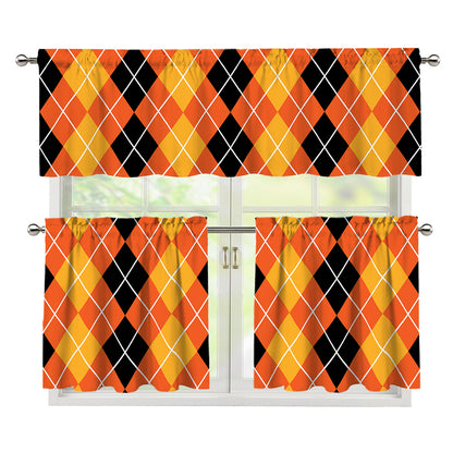 Black And Orange Argyle Pattern Print 3 Piece Kitchen Curtains