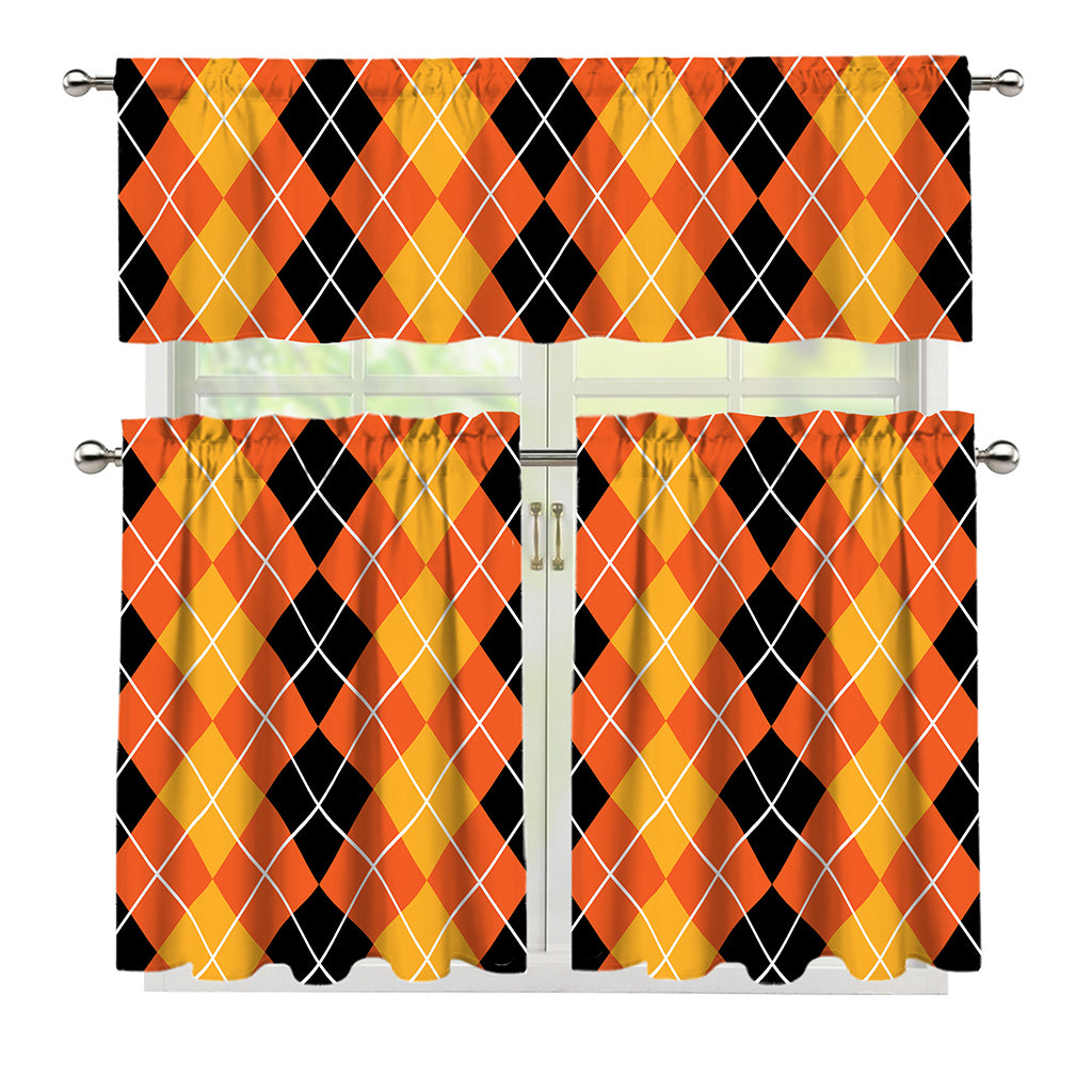 Black And Orange Argyle Pattern Print 3 Piece Kitchen Curtains