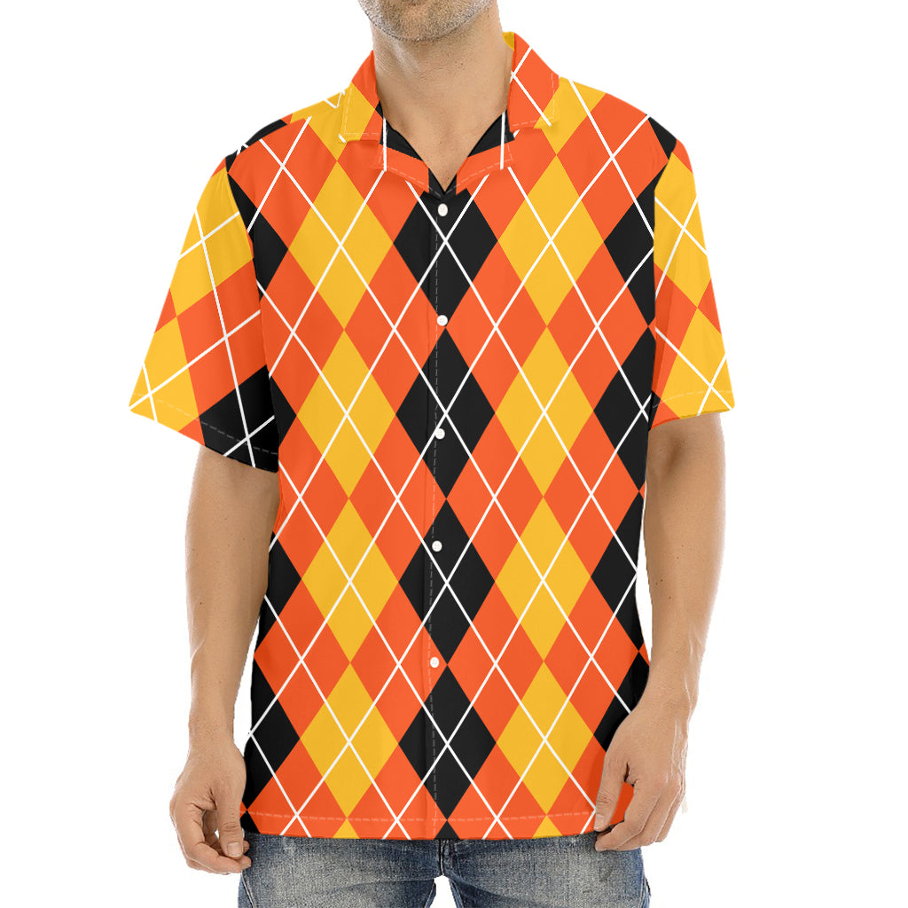 Black And Orange Argyle Pattern Print Aloha Shirt
