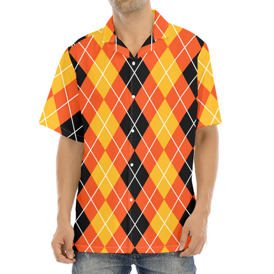 Black And Orange Argyle Pattern Print Aloha Shirt