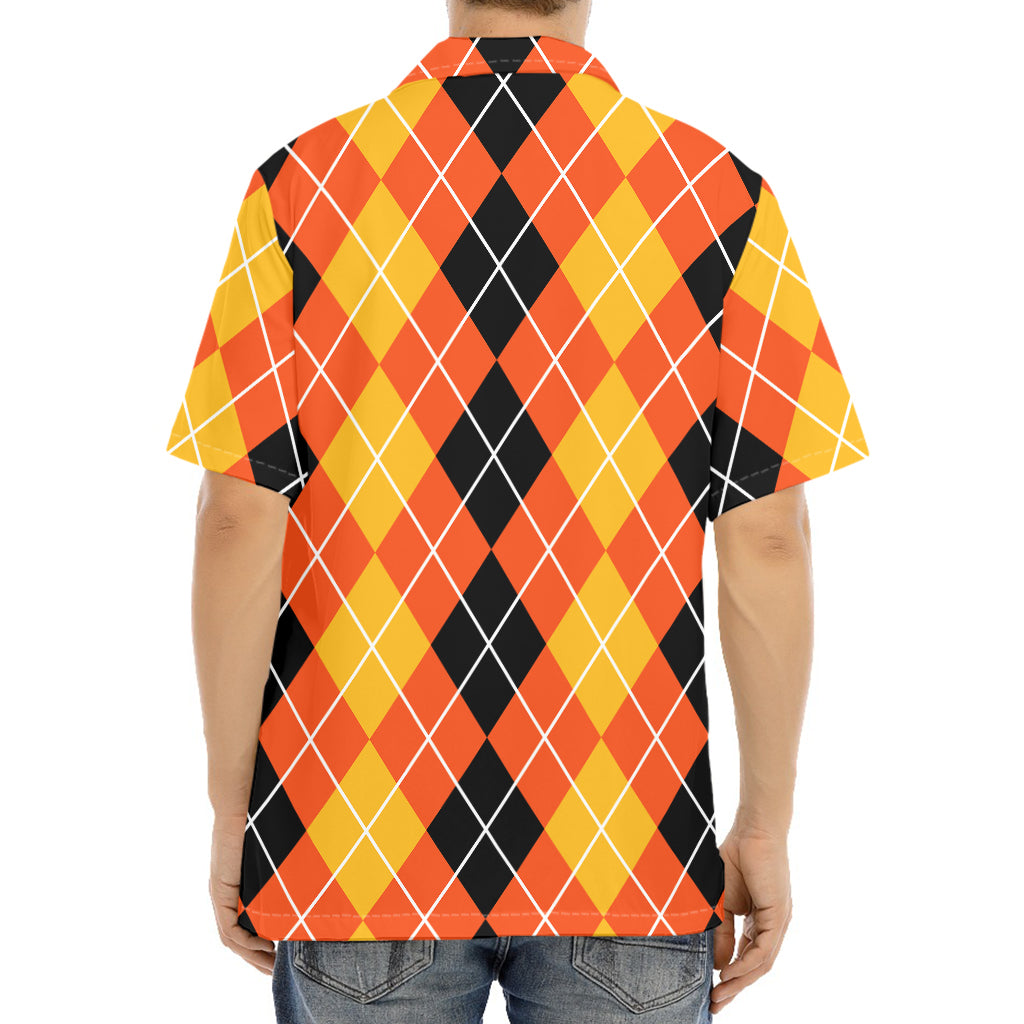 Black And Orange Argyle Pattern Print Aloha Shirt