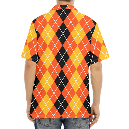 Black And Orange Argyle Pattern Print Aloha Shirt