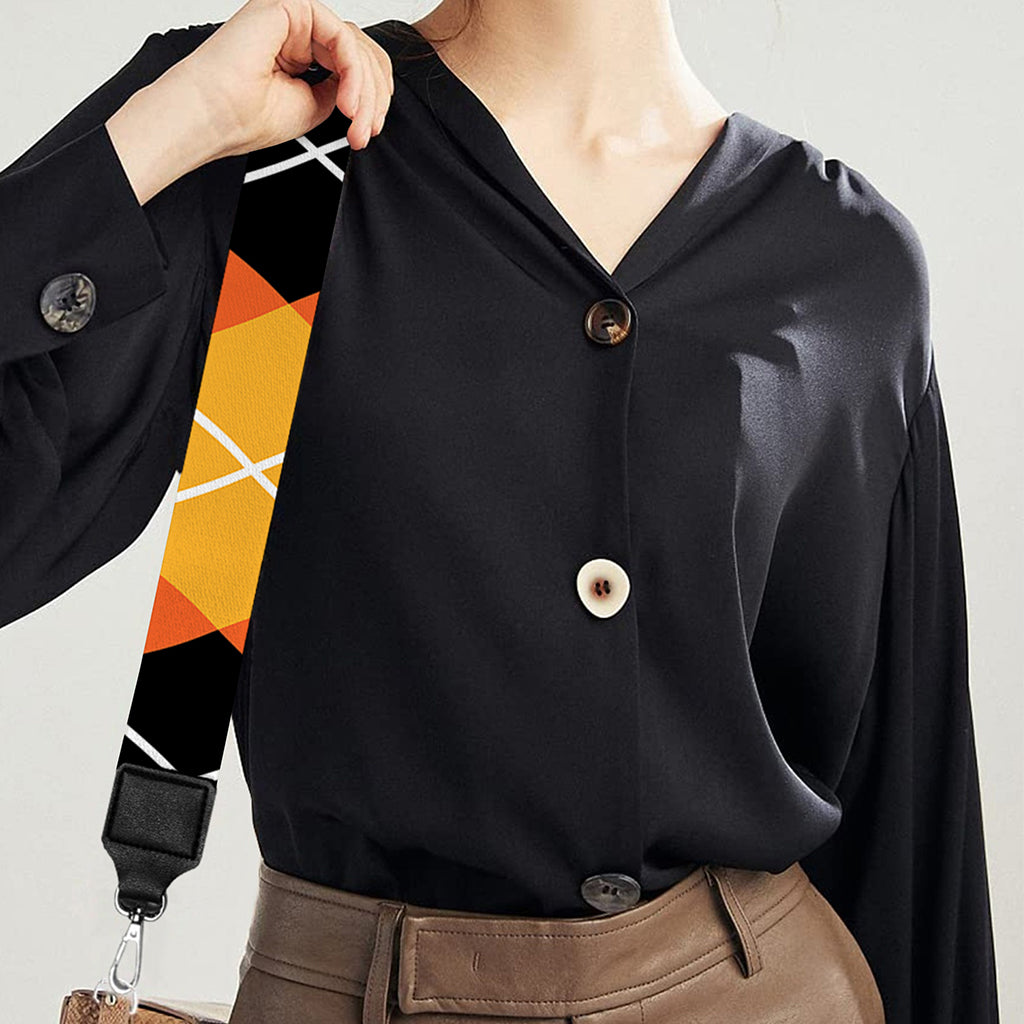 Black And Orange Argyle Pattern Print Bag Strap