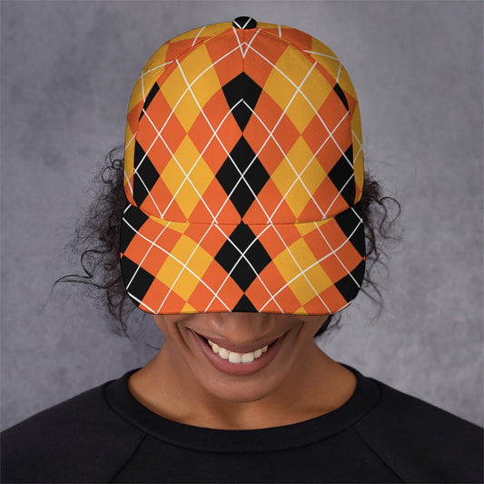 Black And Orange Argyle Pattern Print Baseball Cap