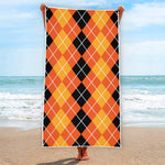 Black And Orange Argyle Pattern Print Beach Towel