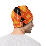 Black And Orange Argyle Pattern Print Beanie