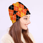 Black And Orange Argyle Pattern Print Beanie