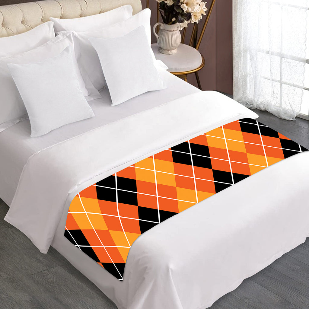 Black And Orange Argyle Pattern Print Bed Runner