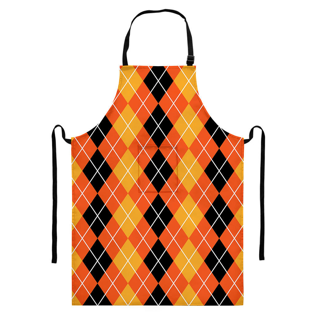 Black And Orange Argyle Pattern Print Bib Apron With Pocket