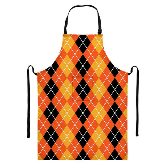 Black And Orange Argyle Pattern Print Bib Apron With Pocket