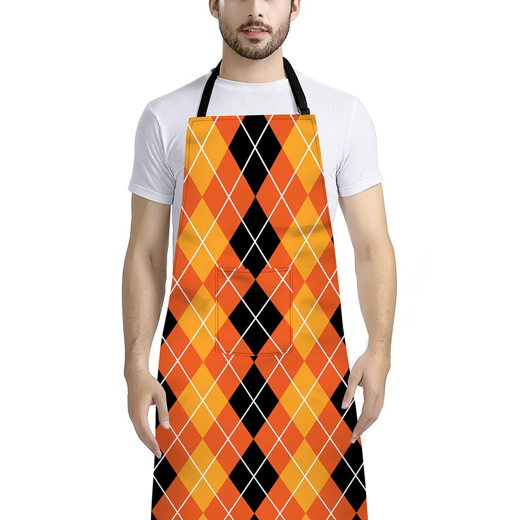Black And Orange Argyle Pattern Print Bib Apron With Pocket