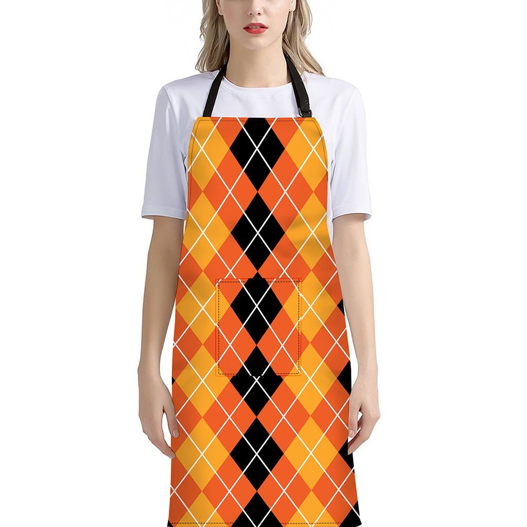 Black And Orange Argyle Pattern Print Bib Apron With Pocket