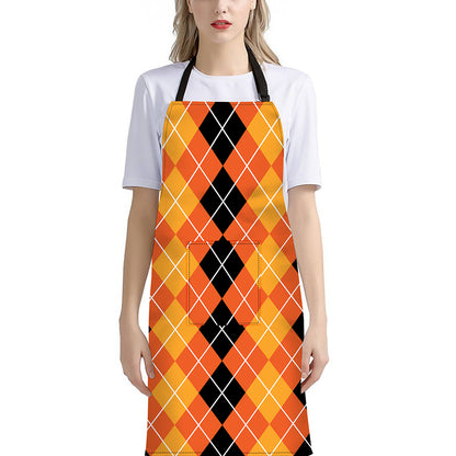 Black And Orange Argyle Pattern Print Bib Apron With Pocket